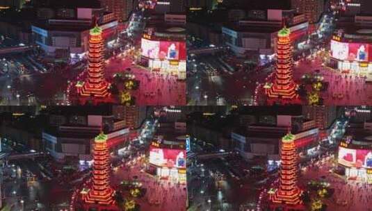中国河南郑州二七广场 二七塔 夜景航拍高清在线视频素材下载