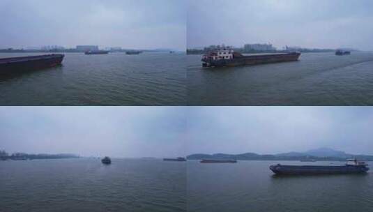 航拍河道运输船航行高清在线视频素材下载