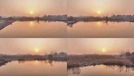 航拍清晨日出树林群鸟栖息朝阳河流日光晨雾高清在线视频素材下载