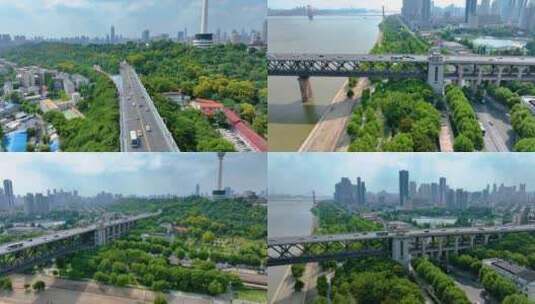 湖北武汉长江大桥航拍车流交通汉阳江滩公园高清在线视频素材下载
