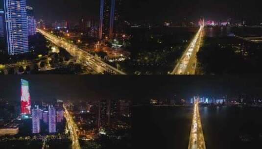 湖北武汉长江二桥夜晚夜景航拍车流交通汉口高清在线视频素材下载