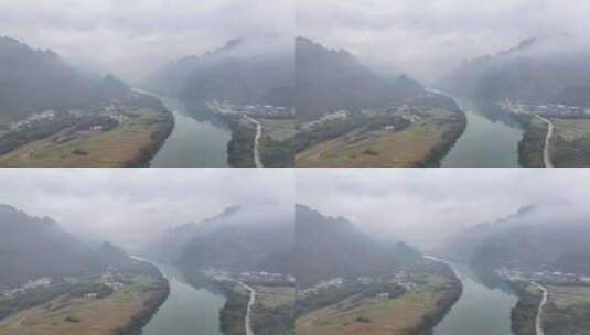 航拍云雾缭绕的广东清远连江田园风光高清在线视频素材下载