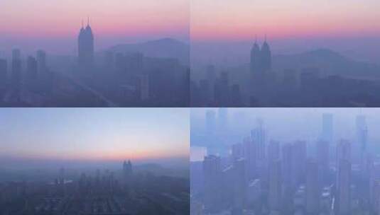 航拍枣庄城市晨雾空气污染高清在线视频素材下载
