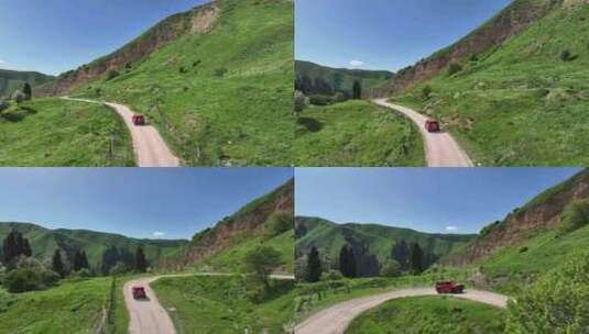汽车行驶在新疆伊犁巩留县恰西国家森林公园高清在线视频素材下载