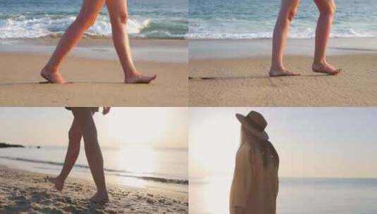 女孩赤脚散步沙滩合集高清在线视频素材下载