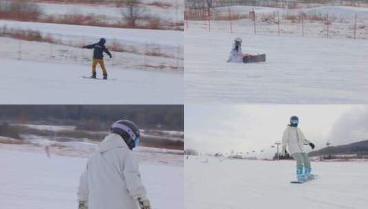 滑雪场单板滑雪滑单板滑雪摔跤练习高清在线视频素材下载