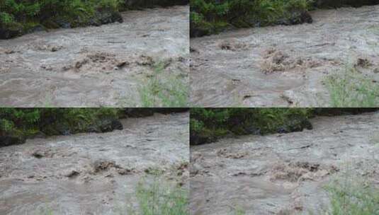 雨季山洪爆发河道洪水升格视频水流慢镜头高清在线视频素材下载