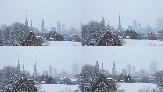 雪中城市建筑的冬日雪景高清在线视频素材下载