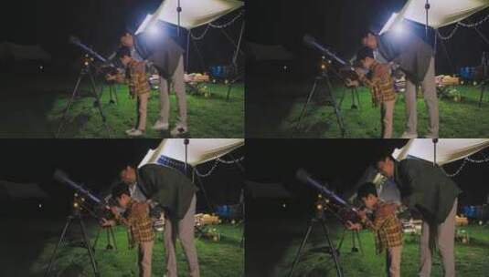 傍晚一家人在露营地用望远镜看星空高清在线视频素材下载