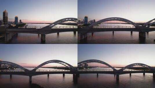 哈尔滨松花江铁路桥夜景航拍高清在线视频素材下载