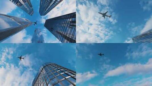飞机飞过 金融商务大楼 飞机起飞高清在线视频素材下载