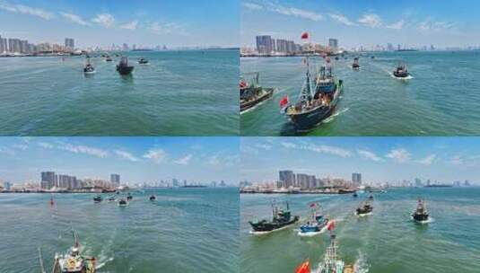 开海青岛积米崖渔船出海打鱼高清在线视频素材下载