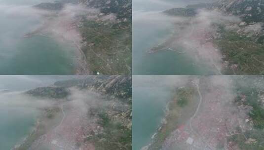 航拍崂山海边平流雾高清在线视频素材下载
