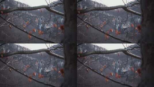 冬季山谷红叶瀑布积雪高清在线视频素材下载