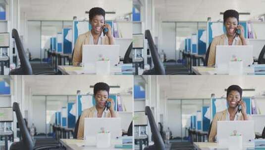 非裔美国女商人在办公室使用笔记本电脑和智能手机，慢动作高清在线视频素材下载