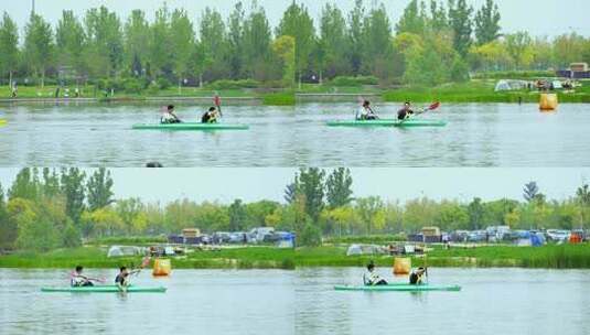 【4K升格实拍】夏天在河流中的皮划艇比赛高清在线视频素材下载
