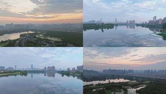 武汉金银湖高尔夫球场和汉飞大道清晨延时高清在线视频素材下载