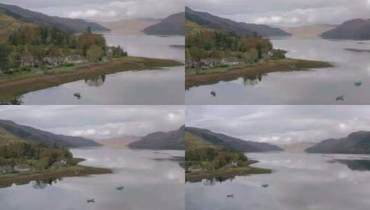 俯瞰苏格兰西北高地格伦希尔湖杜奇湖以西的鸟瞰图高清在线视频素材下载