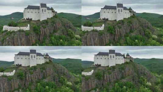 山顶上中世纪城堡的鸟瞰图高清在线视频素材下载