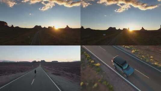 航拍汽车行驶在大峡谷公路上日出自驾游高清在线视频素材下载