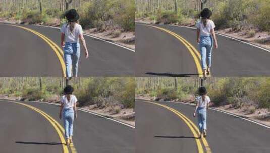 在公路上行走的女人高清在线视频素材下载