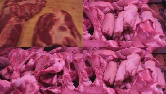 【镜头合集】肉摊上案板上的猪肉五花肉高清在线视频素材下载