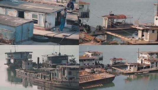 渔家水上人家老船渔民生活江边邕江高清在线视频素材下载