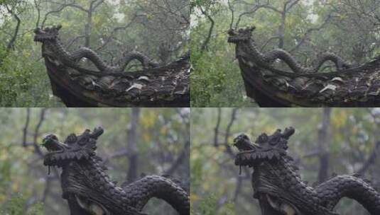 雨中的古建屋脊龙雕塑高清在线视频素材下载