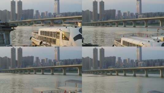 武汉市汉街航拍沙湖汉街夕阳游船桥709高清在线视频素材下载