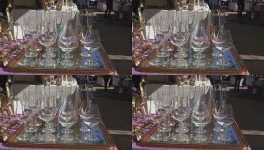 餐盘上展示的玻璃酒杯特写高清在线视频素材下载