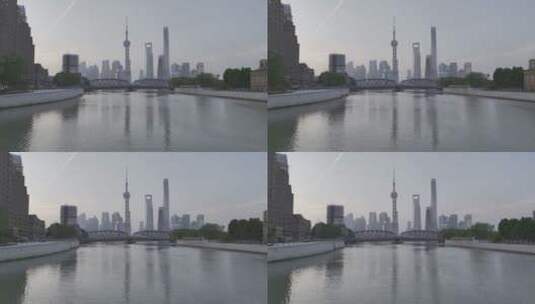 航拍中国上海外滩陆家嘴浦东凌晨日出时刻高清在线视频素材下载