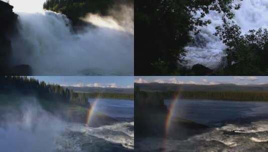 瀑布湍急河流水雾彩虹高清在线视频素材下载