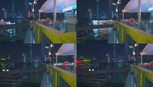 广州珠江游船码头与城市摩天大楼夜景灯光高清在线视频素材下载