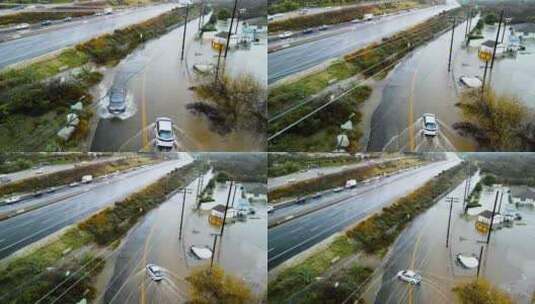 看到被洪水淹没的临街道路堵塞道路后，无人高清在线视频素材下载