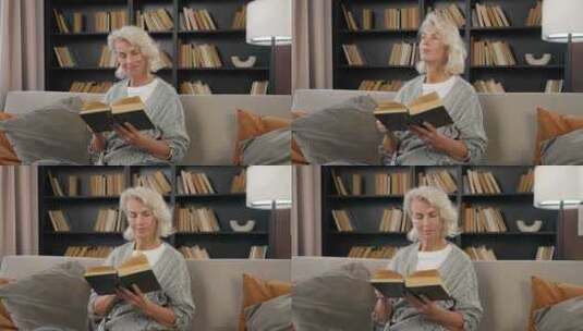 高级微笑女人读书退休女书虫藏书爱好者享受高清在线视频素材下载