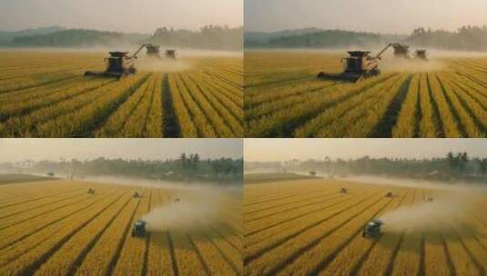 智慧农业航拍机械化收割稻田4K高清在线视频素材下载