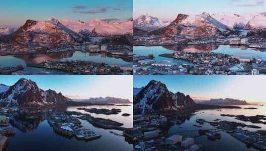 4K航拍挪威弗敦群岛亨宁斯维尔晚霞风光高清在线视频素材下载