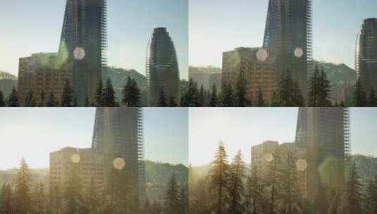 公园森林和日落时分的摩天大楼高清在线视频素材下载