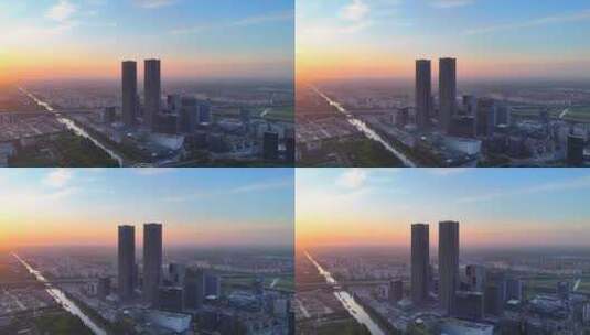 航拍上海张江科学之门日出  金色双子塔高清在线视频素材下载