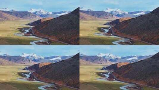 中国西藏高原雪山草原蓝天公路风景航拍高清在线视频素材下载