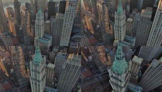城市航拍纽约曼哈顿市中心伍尔沃斯摩天大楼高清在线视频素材下载