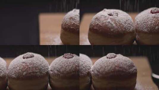 在果冻甜甜圈上撒上糖粉高清在线视频素材下载