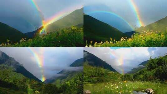 雨后山谷 彩虹高挂 生机浪漫天地高清在线视频素材下载