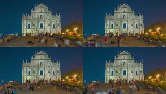 澳门大三巴牌坊夜景固定延时高清在线视频素材下载