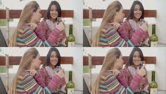 两个女孩在喝葡萄酒高清在线视频素材下载