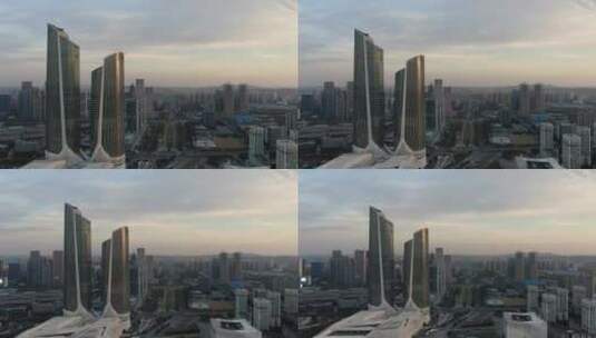 航拍南京双子塔地标建筑高清在线视频素材下载