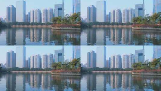 广州海心沙公园与珠江新城摩天大楼建筑风光高清在线视频素材下载