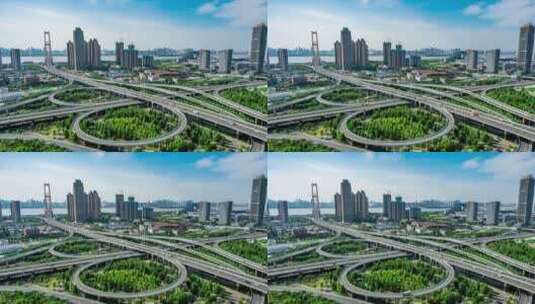 武汉城市建筑杨泗港立交桥车流白云蓝天延时高清在线视频素材下载