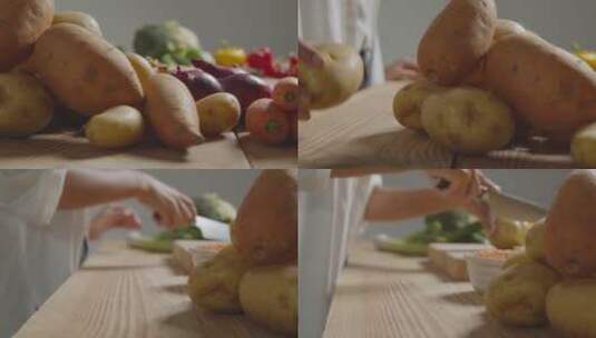 厨师从餐桌上挑选一个土豆切片高清在线视频素材下载