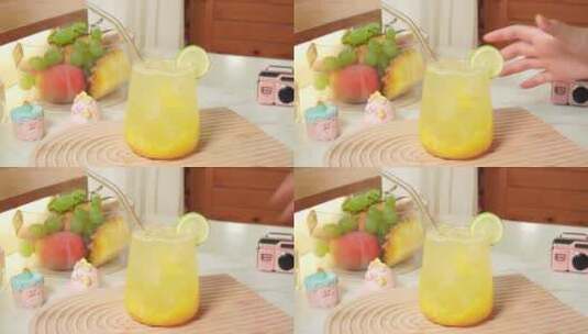 菠萝气泡水水果饮料健康饮品高清在线视频素材下载